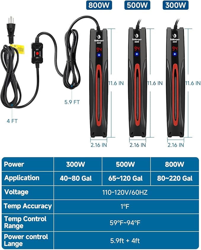fishkeeper 300W/500W/800W Submersible Aquarium Heater for 40-220 Gal (Run-Dry/Overheat/Low-Temp Protection)(Precision Electronic Smart Thermostat)(Adjustable Temperature) Ultra-Safe Fish Tank Heater-PurrikoPets