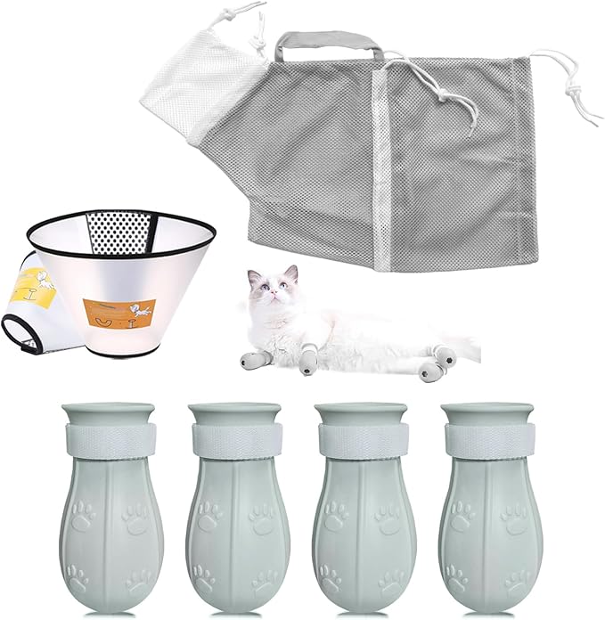 7-Piece Cat Bathing Set - Anti-Scratch Silicone Shoes, Claw Covers, Shower Net, Bathing Bag & Elizabethan Collar (Grey-3)-PurrikoPets