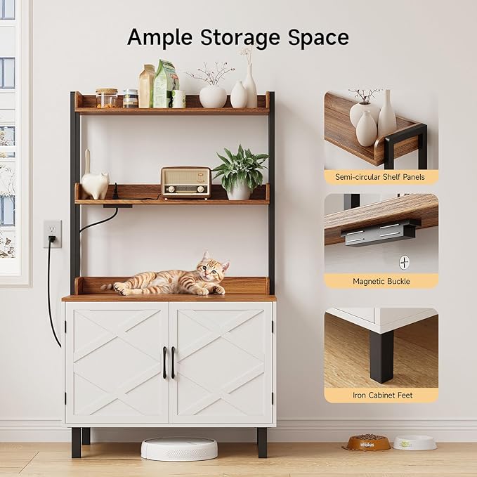 55 Inches Cat Litter Box Enclosure, Hidden Litter Box Furniture with 2 Storage Shelves and Charging Sockets, Wooden Cat House, Large Indoor Cabinet for Living Room & Entryway, White-PurrikoPets