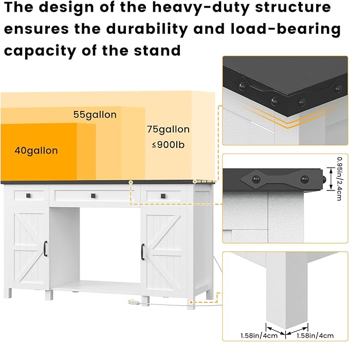 55-75 Gallon Aquarium Stand With Charging Station, Farmhouse Fish Tank Stand, Reptile Tank Stand Terrarium Stand with Drawer and Cabinet Storage, Sturdy Heavy Duty 53.5"×19.7" Tabletop - White-PurrikoPets