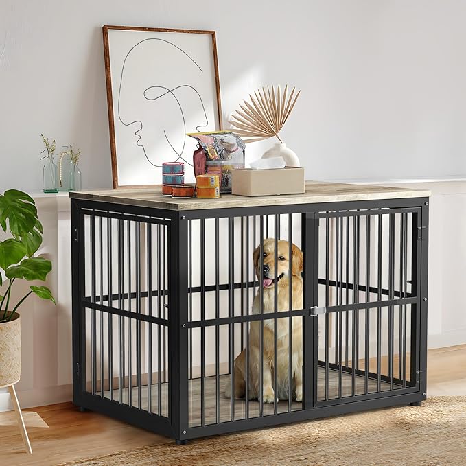 43'' Dog Crate Furniture with 3 Doors, XL Wooden Crate End Table, Heavy Duty Indoor Puppy Cage Kennel for Medium to Large Dogs, Multiple Units Can be Combined-PurrikoPets