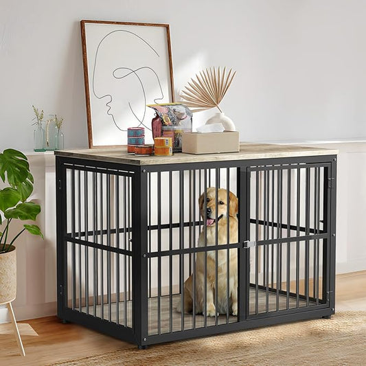 43'' Dog Crate Furniture with 3 Doors, XL Wooden Crate End Table, Heavy Duty Indoor Puppy Cage Kennel for Medium to Large Dogs, Multiple Units Can be Combined-PurrikoPets