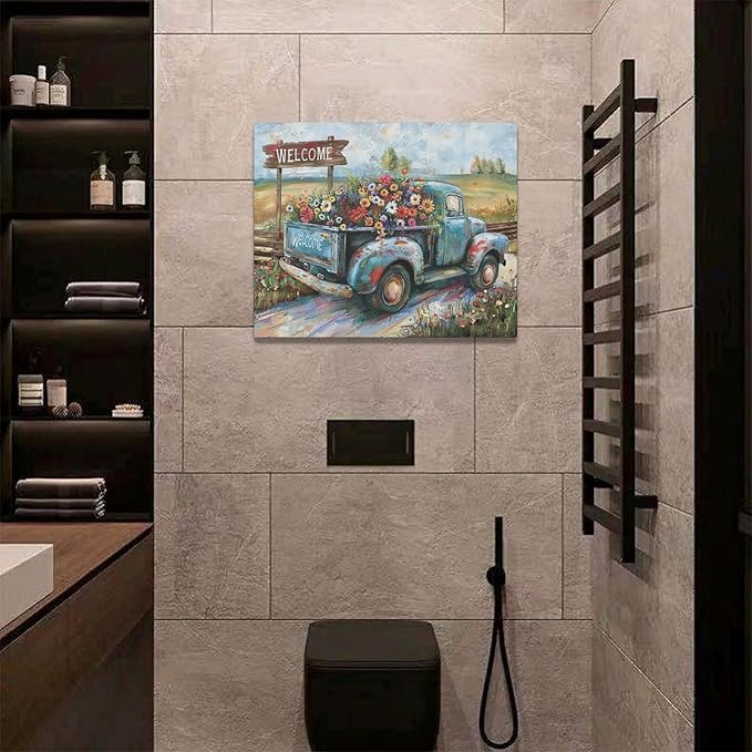 Farmhouse Truck Wall Art Rustic Country Wildflowers Wall Decor Road Flowers Landscape Pictures Canvas Print Painting Artwork for Bathroom Living Room Bedroom 16"x20"-PurrikoPets