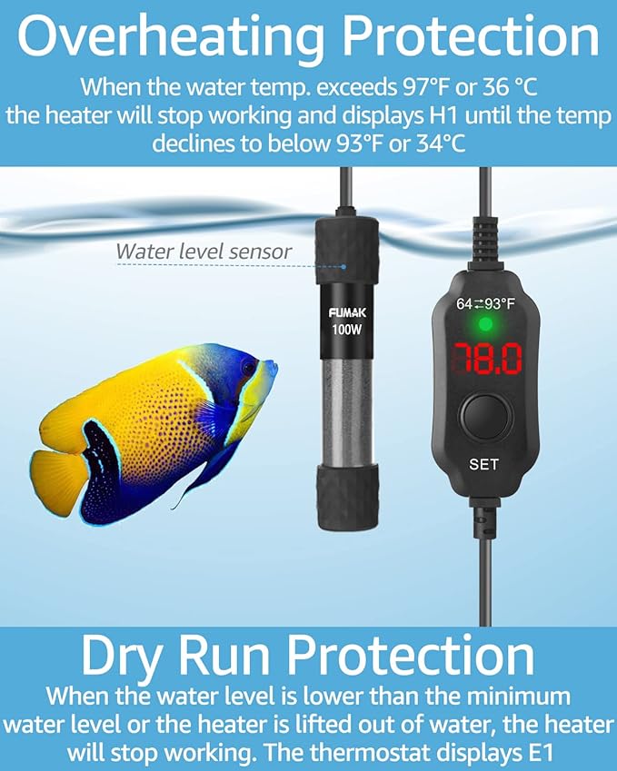 100W Adjustable Aquarium Heater Super Short Submersible Fish Tank Heater Fish Heater with LED Digital Display Thermostat, for Tanks 10-20 Gallons-PurrikoPets