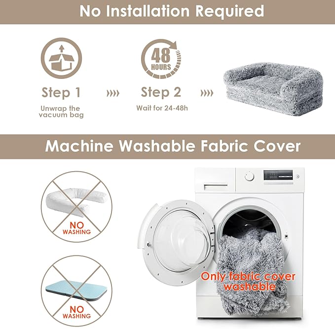 EHEYCIGA Foldable XL Dog Bed, Faux Fur Fluffy Pet Couch Bed for Large Dogs, Orthopedic Calming Memory Foam Big Pet Bed, Washable Soft Pet Sofa Bed with Non-Slip Bottom, Grey, 46"x34"x6.5"-PurrikoPets