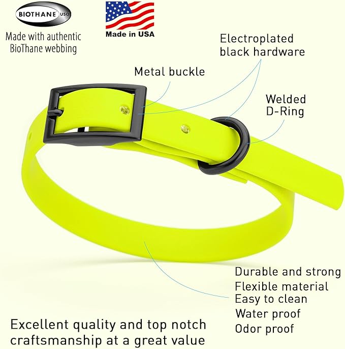 Dogline Biothane Waterproof Dog Collar Strong Coated Nylon Webbing with Black Hardware Odor- Proof for Easy Care Easy to Clean High Performance Fits Small Medium or Large Dogs, Safety Yellow-PurrikoPets