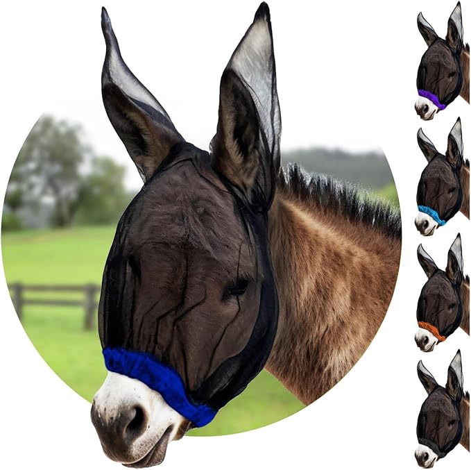 Donkey Fly Mask with Long Ears (Blue) Made in USA - Mule Fly Mask with Ears Protection from Insects and Bugs, Mini Donkey Soft Mesh Fabric with Adjustable Fastener, Face Cover Supplies for Donkeys-PurrikoPets