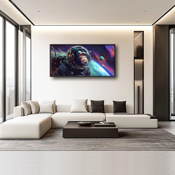 Framed Large Monkey Astronaut Wall Art, Oversized Chimpanzee Spacemen Wall Decor for Living Room, Outer Space Canvas Painting Pictures Modern Artwork for Living Room Bedroom Office 60"x30"-PurrikoPets