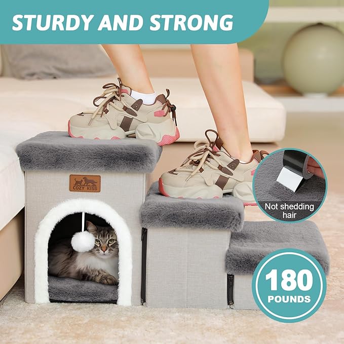 Dog Stairs for Small Dogs with Storage and Condo, 14" H Foldable Pet Stairs for Small Medium or Puppy Dogs and Older Cats, Dog Steps for Bed or Couch, 13x27x14 inch, 3 Tiers, Grey-PurrikoPets