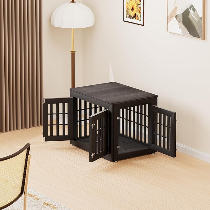 32" Heavy Duty Dog Crate Furniture for Small,Medium and Large Dogs,Rustic Wooden Dog Cage Kennel Indoor Furniture with Waterproof Top,Decorative Pet House Side End Table (Black & Grey)-PurrikoPets