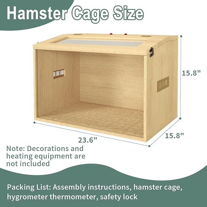 24" Hamster Cage, Top Opening Lockable Roof Door Gerbil Cage, Dwarf Hamster Cage with Hygrometer, Mice and Small Animal Habitat, Chewproof Syrian Hamster Enclosure, (Wooden, 24" L x 16" W x 16" H)-PurrikoPets