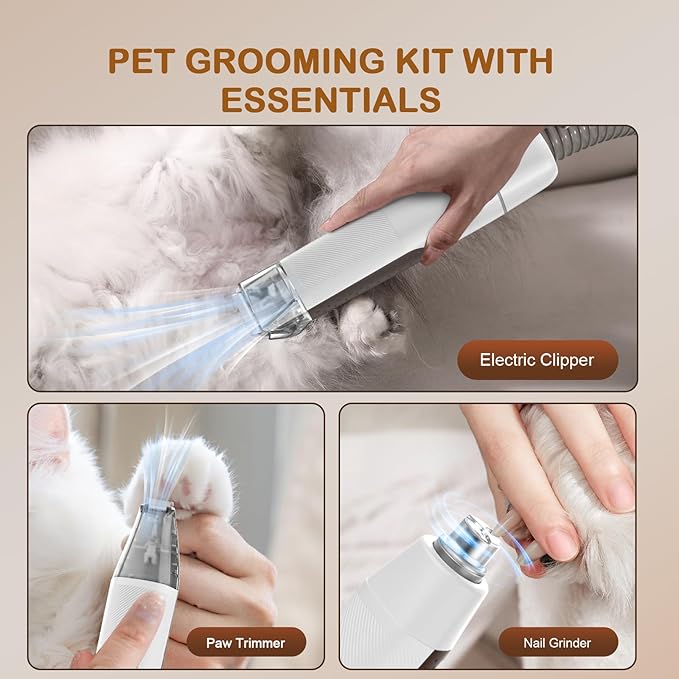 Dog Grooming Vacuum, Dog Grooming Kit with Pet Clipper Nail Grinder, 3 Suction Modes Dog Brush Vacuum with 6 Pet Grooming Tools (Brown)-PurrikoPets