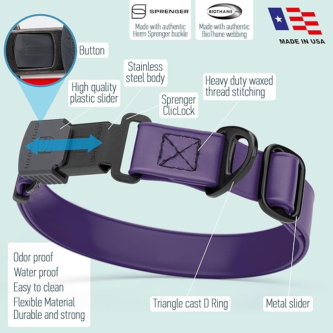 Dogline Biothane Waterproof Dog Collar with Herm Sprenger Black Stainless Steel Quick Release Buckle – Heavy Duty Tactical Durable Collar for Dogs – Comfortable and Safe Pet Collar, W 3/4" L 12-19"-PurrikoPets