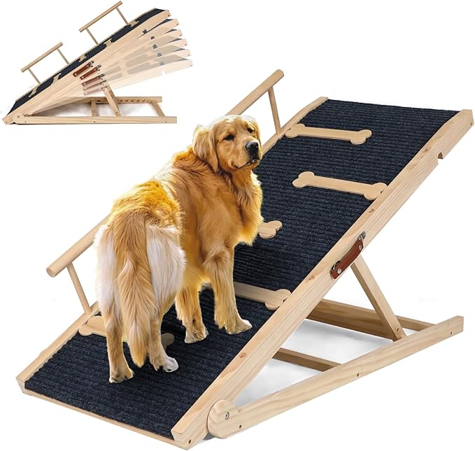 Dog Ramp for Bed Couch Extra Wide Folding Pet Ramps for Large Dogs to Get on Bed, Portable Doggie Steps 6 Adjustable Height 27.3”, 47.3" Long-PurrikoPets
