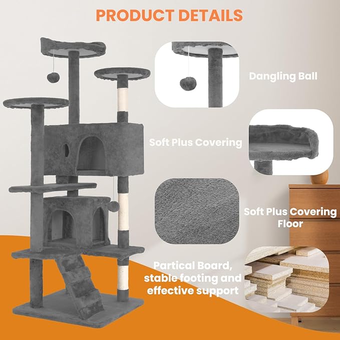 54.7 Inches Cat Tower for Indoor Cats, Multi-Level Cat Condos with Scratching Posts, Hanging Toys, Light Gray-PurrikoPets