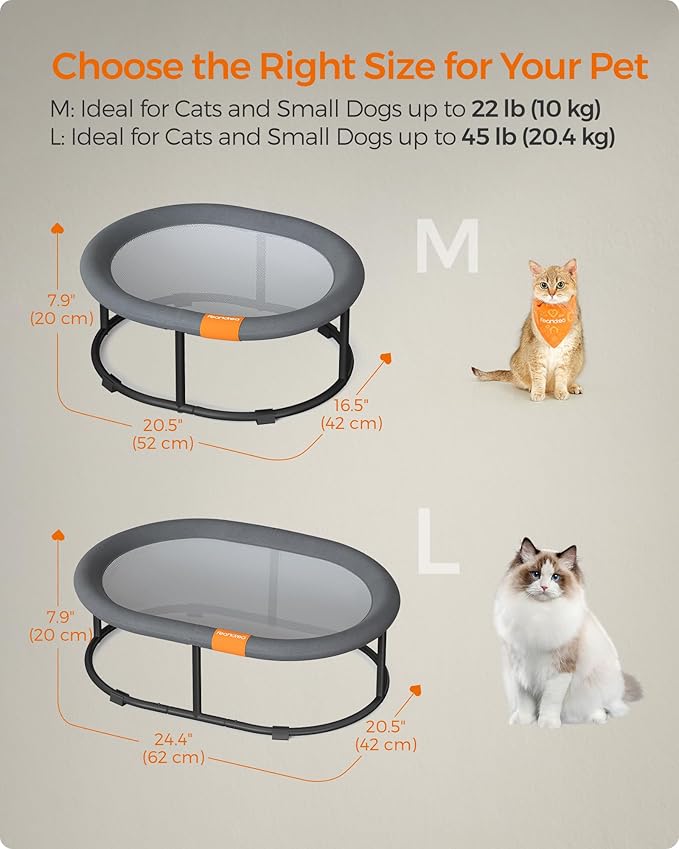 Feandrea Pet Bed, Cat Hammock, Elevated Cat Bed for Multiple Cats, with Removable Washable Mesh, for Pets up to 28 lb, Oval, Gray UPCB002G01-PurrikoPets