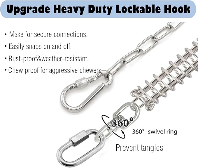 25ft Heavy Duty Chew Proof Dog Tie Out Chain Leash with Shock Absorbing Spring&Lockable Hooks-Up to 200Lbs,Use for Yard,Garden,Camping or Travel-PurrikoPets