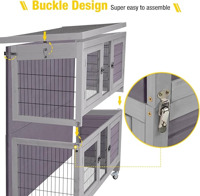Aivituvin Rabbit Hutch Indoor, Folding Bunny Cage with Two Story, Rabbit Cage with Wheels, Anti Slip Ramp-PurrikoPets