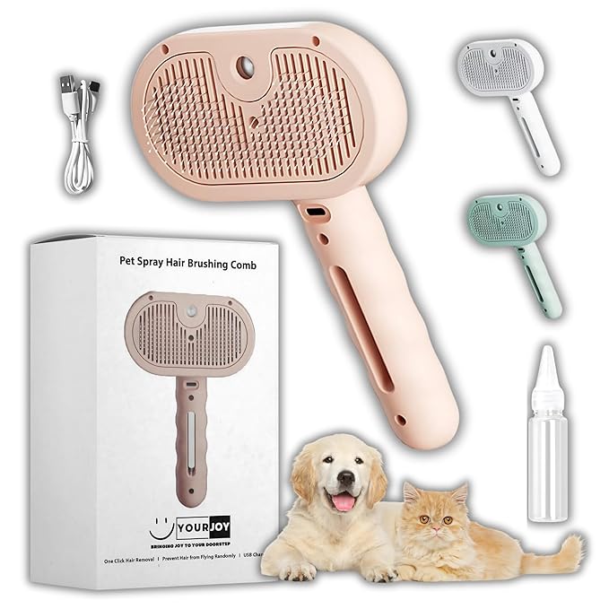 4 in 1 Cat Steam Brush: steam brush for cats, Grooming, Shedding, Mist Spray, Hair Removal Comb & Massager, USB Rechargeable Self Cleaning cat steam brushes for indoor cats - Pink-PurrikoPets