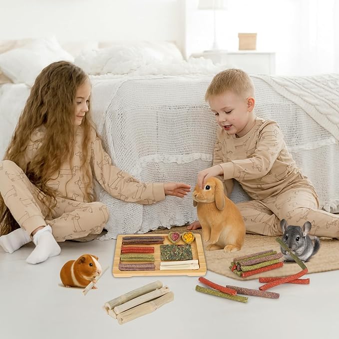 65PCS Rabbit Bunny Guinea Pig Chew Toys Treats, Chinchilla Hamster Chews Toys for Teeth, Timothy Hay Chips Treats Sticks for Rabbit Guinea Pig Chinchilla Hamster Rat-PurrikoPets