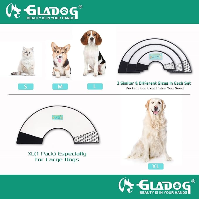 GLADOG Soft Dog Cone Collar, 3 PCS (XL is Only 1 PCS) Flexible Plastic Cone for Dogs After Surgery, Dog Recovery Collar, Adjustable E-Collar for Large/Medium/Small Dogs Cat, Comfy Elizabethan Collar-PurrikoPets