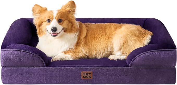 EHEYCIGA Orthopedic Dog Beds for Large Dogs, Waterproof Memory Foam Large Pet Bed with Sides, Non-Slip Bottom and Egg-Crate Foam Dog Couch Bed with Washable Removable Cover, Purple-PurrikoPets