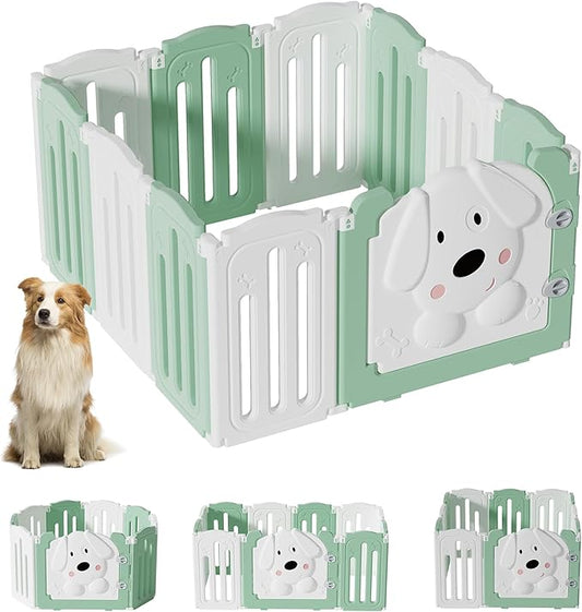 Foldable Dog Play Pen Indoors, Non-Slip Sturdy Puppy Playpen with Door, 25.5" H 10-Panel Adjustable Shape Dog Fence Pen for Small/Medium Dogs, Thickened, Easy to Store, White+Green-PurrikoPets