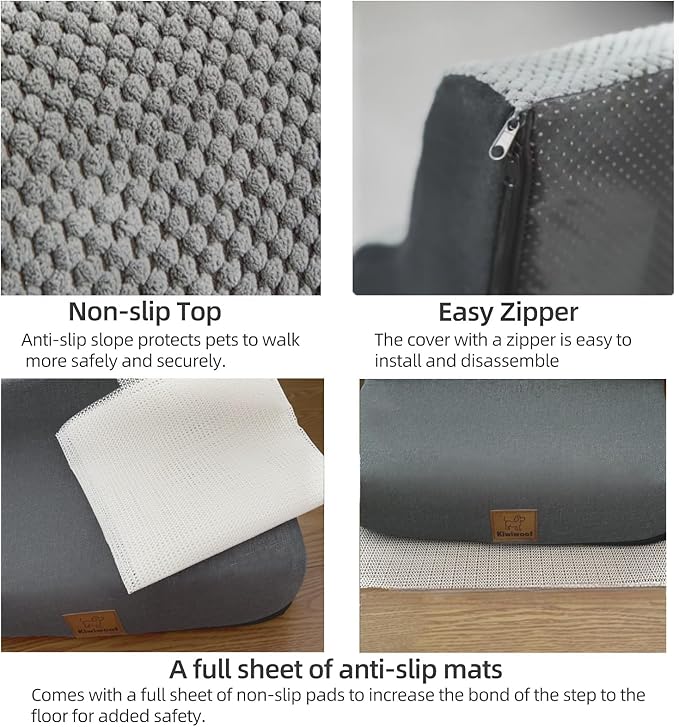 4 Step Pet Stairs Ramp for High Beds Sofas 18-24 Inch with Sturdy Non Slip Waterproof Pads, Machine Washable Cover Indoor Balanced Design for Cats Dogs Small Medium Large XL Pets Grey-PurrikoPets