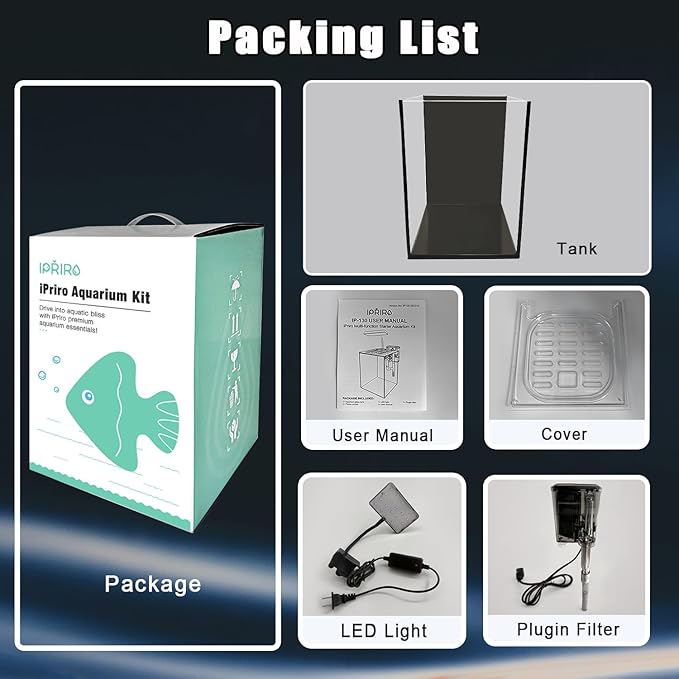 Glass Betta Aquarium Starter Kits 1.5 Gallon Small Fish Tank, Betta Fish Tank with LED Light, Power Filter, Black. 4mm Glass-PurrikoPets