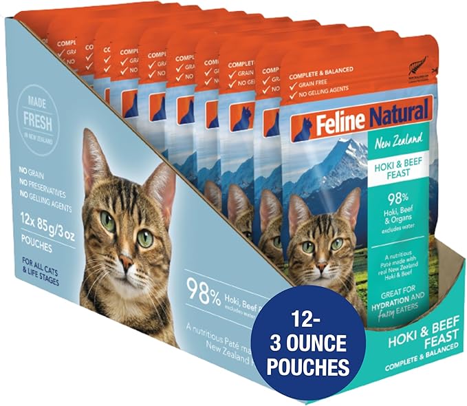 Feline Natural Wet Cat Food Pouch - Hoki & Beef Feast, Grain-Free, Grass-Fed & Sustainably Sourced Wet Food for Cats - Made in New Zealand, 3oz Pate, 12 Count Pack-PurrikoPets