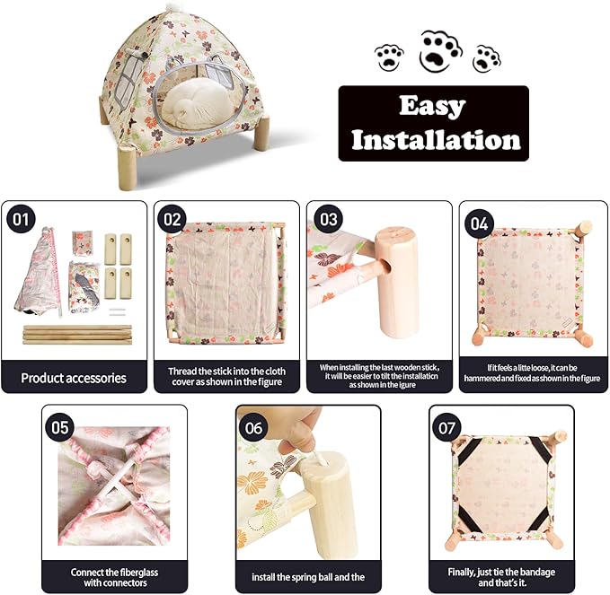 2-in-1 Elevated Cat Tent Cat House, Quick Assembly and Disassembly, Portable Indoor/Outdoor Cute Cat Bed Cave-Butterfly and Flower-PurrikoPets