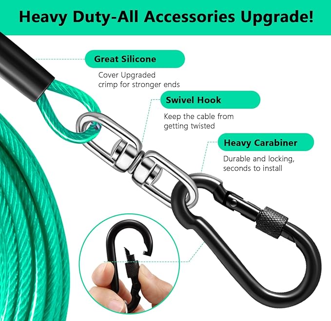 Dog Tie Out Cable 50FT-500Lbs,Heavy Duty Dog Leads Line for Yard with Swivel Hook,Medium Large Dogs Leash&Chains for Outside,Rust Chew Proof Dogs Run Cable for Outdoor Camping(Green Cyan, 50FT)-PurrikoPets