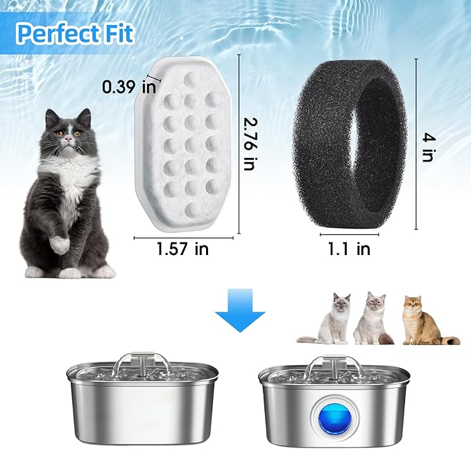 20 Pack Cat Water Fountain Filters-Cat Fountain Replacement Filters for Stainless Steel 3.2L/108oz Adjustable Water Flow Cat Fountain(10 Pack Pet Water Filter Refills+10 Pack Sponges)-PurrikoPets