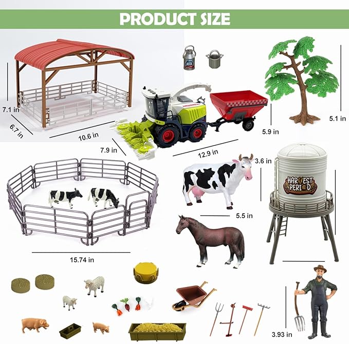 Farm Animals Toys Set Barn Toy Combine Harvester Tractor with Trailer Horse Stable Grain Bins Horse Cow Farmer Figures Fence Playset for Kids Toddlers Boy Girl 3-7 Years Old-PurrikoPets
