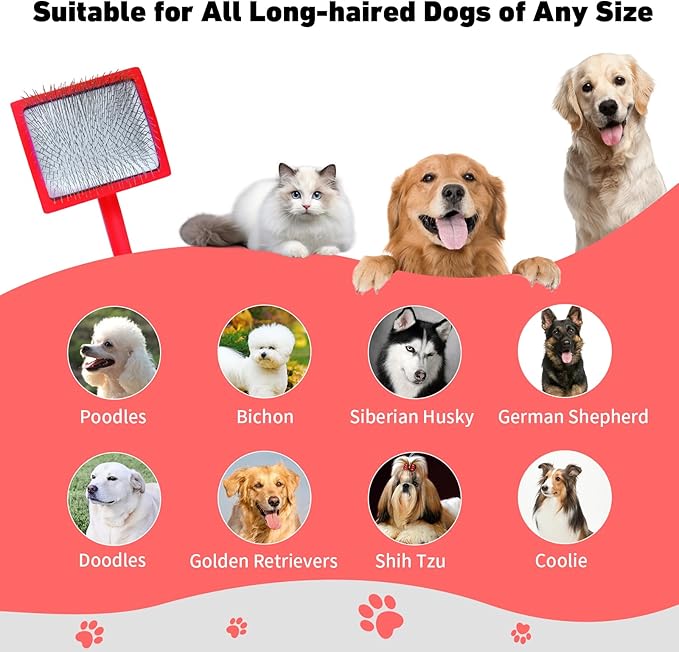 Dog Slicker Brush for Shedding and Grooming Medium or Long Haired Cats, Extra Long & Soft Pin Slicker Brush for Removes Loose Hair, Tangles, Knots, Undercoat, Free Pet Comb, Large Red-PurrikoPets