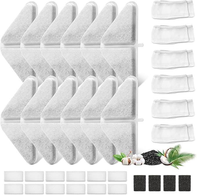 12 Sets of Replacement Filters for 230oz/7L Dog Water Fountain, GISOFIK Cat Water Fountain Filter, 5 Layers Filtration System Pet Fountain Filters Replacement (12 Filters+12 Mesh Bag+14 Sponge)-PurrikoPets