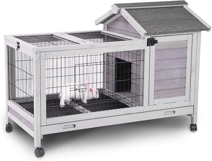 Aivituvin Wooden Rabbit Hutch with Removable Wire Floor Grid, Bunny Cage with Deeper Leakproof Tray 4 Wheels Include-PurrikoPets