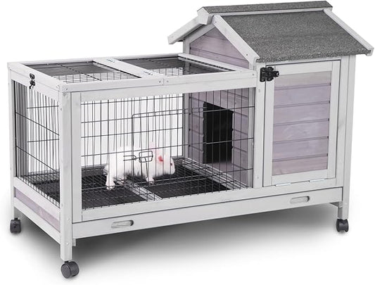 Aivituvin Wooden Rabbit Hutch with Removable Wire Floor Grid, Bunny Cage with Deeper Leakproof Tray 4 Wheels Include-PurrikoPets