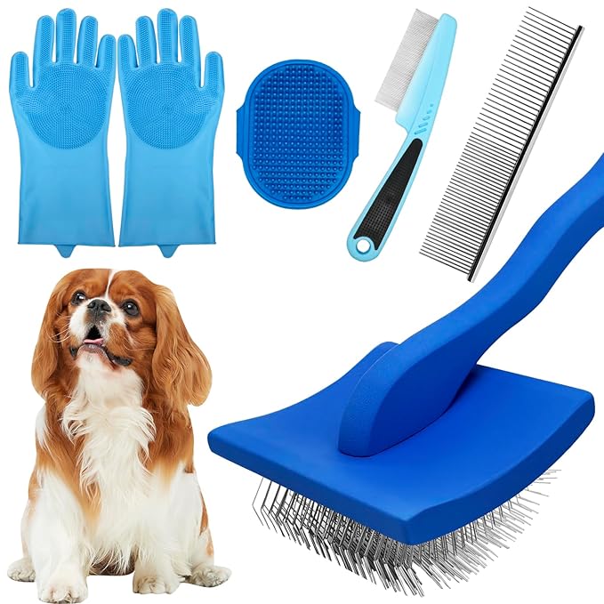 Dog Grooming Brush Set – 5-Piece Kit for Medium & Long-Haired Dogs | Includes Long Pin Brush, Flea Comb, Bath Glove, Silicone Glove, Metal Comb | For Poodles, Huskies & More (Blue)-PurrikoPets