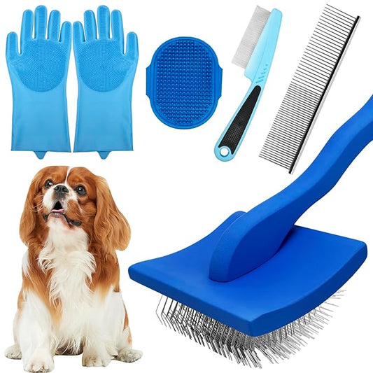 Dog Grooming Brush Set – 5-Piece Kit for Medium & Long-Haired Dogs | Includes Long Pin Brush, Flea Comb, Bath Glove, Silicone Glove, Metal Comb | For Poodles, Huskies & More (Blue)-PurrikoPets