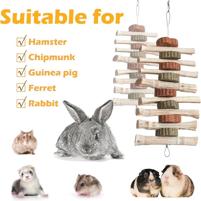 4 PCS Rabbit Chew Toys for Teeth Grinding, Delicious Bunny Cage Hanging Chew Toys, Natural Sweet Bamboo Chew Sticks and Timothy Grass Cake Hay Treats Maintaining Healthy Teeth for Rabbits-PurrikoPets