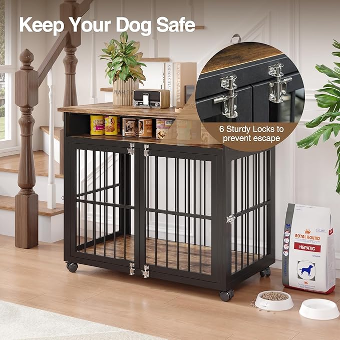 39.4" Dog Crate Furniture for Medium and Large Breed, Dog Kennel Furniture with Storage Shelf & Lockable Wheels, Heavy Duty Wooden End Side Table Pet Cage Indoor, Chew-Resistant, Brown-PurrikoPets