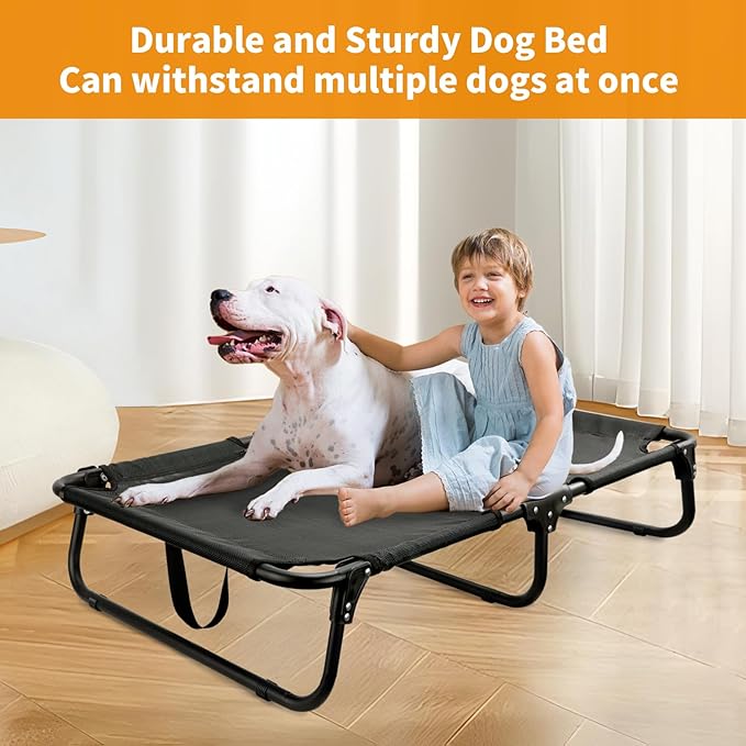 Elevated Dog Bed, Foldable Raised Dogs Bed Outdoor Dog Cots Beds for Large Dogs Cooling Outside Camping Chew-Proof No Assembly Need, Black-PurrikoPets