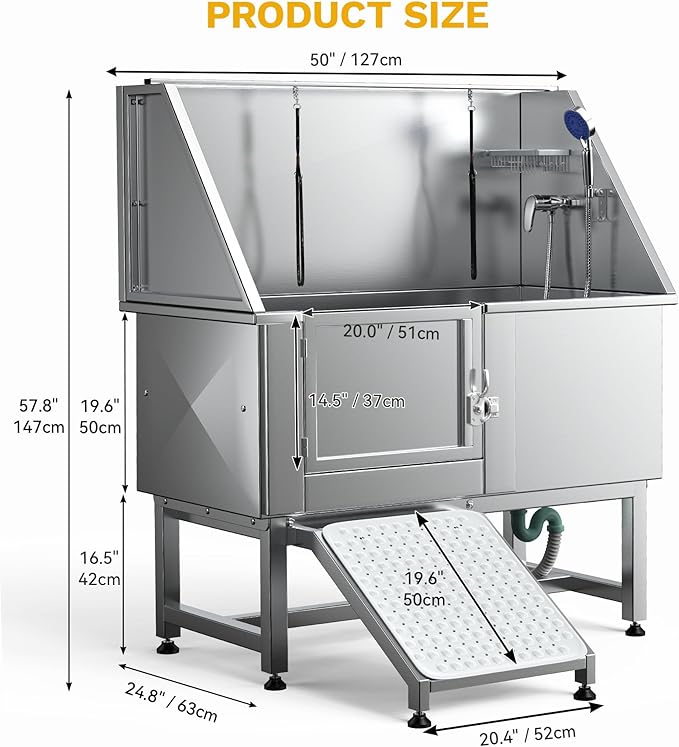 DWVO Professional Pet Dog Bathing Station for Grooming, 50'' Dog Grooming Bathtub with Left Ramp, Floor Grate, Faucet, Showerhead & Soap Holder for Large, Medium & Small Pets-PurrikoPets