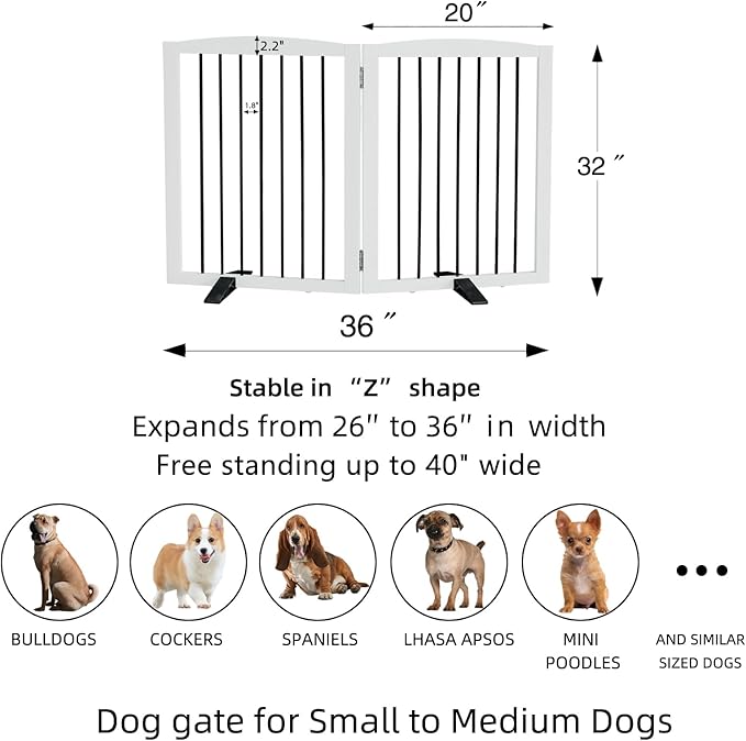 Freestanding Panel Dog Gate for Indoor, Doorways,Stairs, or Hallways,Foldable Wooden Dog Gates for House,Pet Gate for Dogs,Dog Fence, Puppy Gate,Support Feet Included,32 "Height-2 Panels,White-PurrikoPets