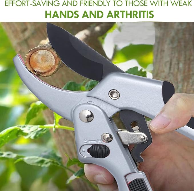 Garden clippers, premium Germany pruners, Work 3 times easier, professional ratchet pruning shears, cutting rose, flower, hedge, stem, tree, Sharp gardening scissors, Arthritis weak hand snips-PurrikoPets