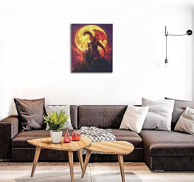 Dragon Bathroom Pictures Wall Art, Red Dragon Castle Bathroom Wall Decor, Framed Painting Canvas Artwork for Bedroom Living Room Decorations 24"L x 20"W-PurrikoPets