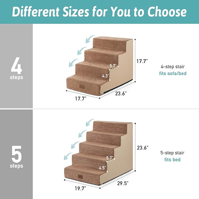Dog Stairs for Small Dogs, 4 Tier Wider Pet Stairs for Couch and Beds, 17.7" H Non-Slip Dog Steps for Old Cats, Puppy, Small Medium Dogs, 17.7x23.6x17.7 inch, Light Brown-PurrikoPets