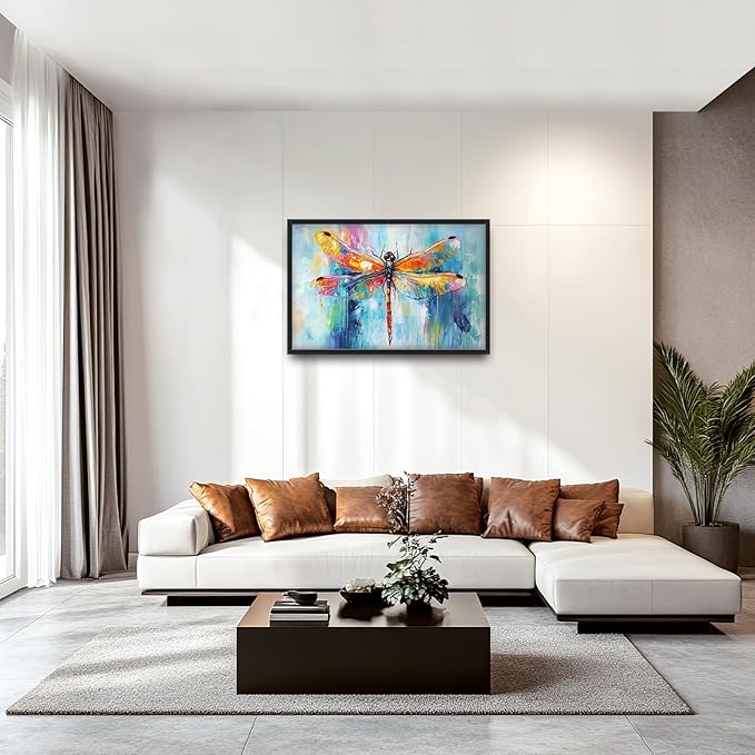 Extra Large Abstract Dragonfly Framed Wall Art for Living Room,Oversized Colorful Dragonfly Pictures Wall Decor,Teal Canvas Print Painting Modern Artwork Bedroom Office Bathroom 36L" x 24W"-PurrikoPets