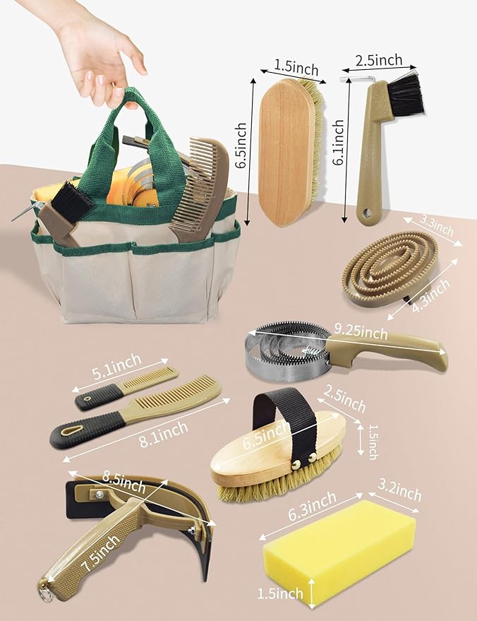9 Pieces Horse Grooming Kit, Tack Room Supplies Set with Tote Bag, Horse Brush Set for Effective Cleaning and Bathing, Professional Equine Coat Care Kit for Horse Riders Beginner-PurrikoPets